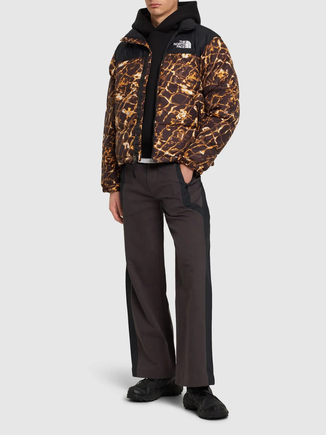 The North Face 1996 Retro Nuptse down puffer jacket in brown distort print